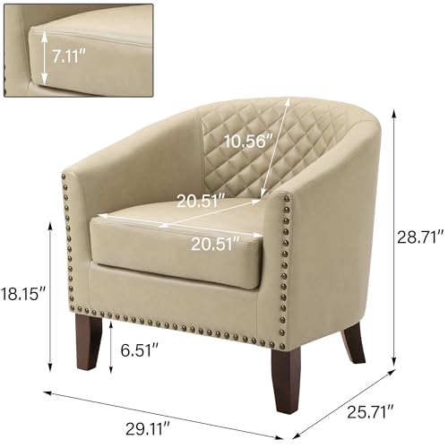 Faux Leather Accent Chair, Modern Barrel Club Chair, Beige | Comfy Upholstered Armchair for Living Room, Round Club Chair Single Sofa Bedroom Reading Seat | 26"D*29"W*29"H - color: Beige