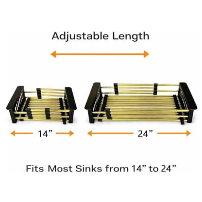 Gold Expandable Dish Drying Rack Over the Sink, Adjustable Stainless Steel Sink Drying Rack for Plates, Bowls & Utensils, Space-Saving Kitchen Counter Drainer (14-24 in) - color: Golden 14-24 in