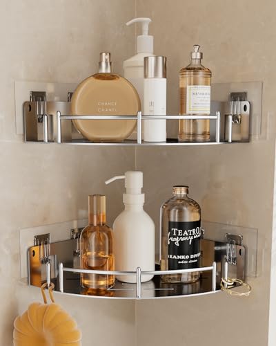 Corner Shower Caddy, Stainless Steel 304, Integrated Molding Bathroom Shelves, Wall Mounted Shower Organizer with Nail Free Adhesive, Suit for Corner Storage Racks in Bath Kitchen(2 Pack)
