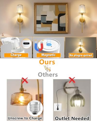 Adetu 23 Inch Crystal Battery Operated Wall Sconce Set of 2 | Gold Rechargeable Wall Sconce with 10000mAh Magnetic Bulbs, RGB Dimmable Wireless Battery Wall Lights for Bedroom Living Room - color: Gold, size: 23 Inch