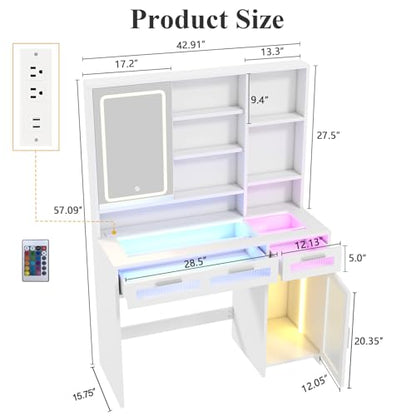 Hadulcet White Vanity Desk with Mirror and Lights, Makeup Vanity with Power Outlet & 10 Shelves, RGB LED Vanity with Drawers, 3 Modes Adjustable Brightness - color: White, size: 15.8"D x 42.9"W x 57.1"H