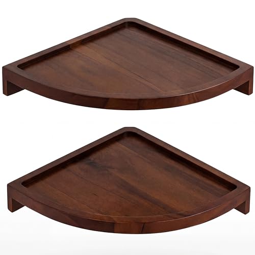 Demigo Round Floating Corner Shelves, Dark Brown Wall Shelf, Set of 2 | Acacia Wood Wall-Mounted Storage Shelves for Home Decor, Living Room, Kitchen, Office & Bedroom, Space-Saving Wood Display - color: Walnut Color