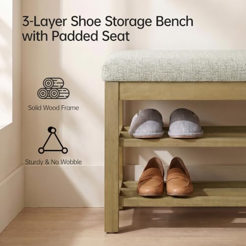 VKNOW 44.3” Entryway Bench, 2-Tier Upholstered Shoe Storage Bench, Brown | Shoe Bench with Rubberwood Legs, Shoe Rack for Entryway, Hallway, End of Bed, Living Room - color: Brown1