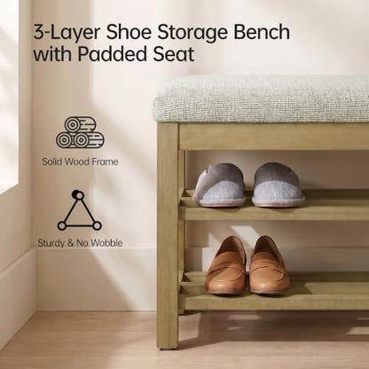 VKNOW 44.3” Entryway Bench, 2-Tier Upholstered Shoe Storage Bench, Brown | Shoe Bench with Rubberwood Legs, Shoe Rack for Entryway, Hallway, End of Bed, Living Room - color: Brown1