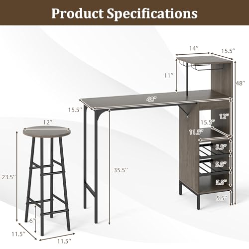 GOFLAME Bar Table Set for 2, Counter Height Dining Table Set with Shelves, Cup Holder & Wine Rack, Breakfast Table & Stools Set, 3-Piece Pub Table Set for Kitchen, Dining Room, Grey Oak - color: Grey Oak