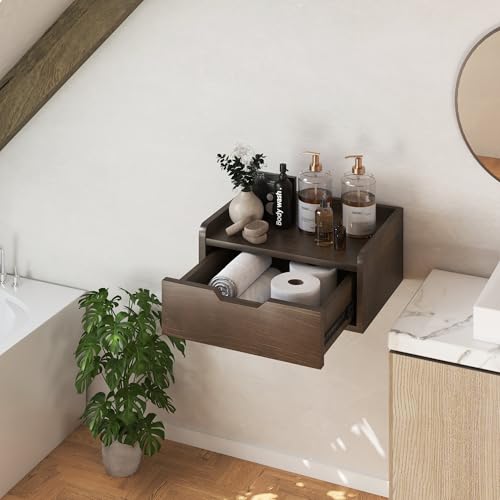 Floating Nightstand, Bedside Shelf Wall Mounted, Small Modern Floating Shelf Nightstand with Drawer, Floating Bedside Table Wall Shelf for Bedroom, Bathroom (Pine Wood)