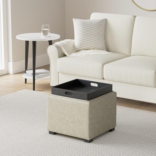 CHITA Storage Ottoman Cube with Tray Lid, Small Footstool with Storage, Square End Table for Living Room and Bedroom, Faux Leather in Stone Gray - color: Stone Gray