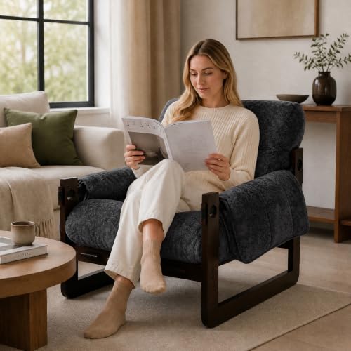 Chenille Accent Chair, Comfy Armchair for Living Room, Dark Gray | Wide padded seat, high-density foam, solid wood frame, 350 lb support, comfy lounge chair, reading chair, bedroom chair - color: Chenille-dark Gray