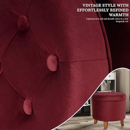 HomePop 19" Velvet Button Tufted Round Storage Ottoman - Burgundy - color: Burgundy