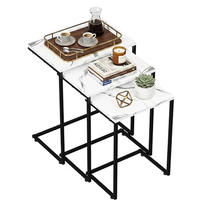 ZenStyle Nesting Coffee Table Set of 5 Side Tables, Industrial C-Shaped End Tables with Wood Table Top & Sturdy Metal Frame Stacking Accent Furniture - color: White