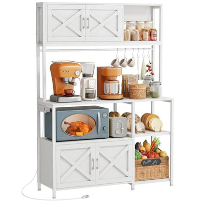 Huuger Large Bakers Rack with Power Outlet, Kitchen Microwave Stand with Cabinets, Coffee Bar Table Station with Storage, 6 S-Shaped Hooks, Mesh Shelves, 45 Inch Wooden Top, White - color: White