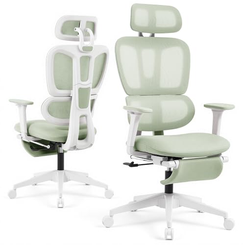 Ergonomic Office Chair with Footrest and Dynamic Lumbar Support, Green | Reclining high-back computer chair, memory foam seat, 2D armrests, 2D headrest, mesh desk chair for home office, long hours - color: Green