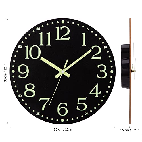 Wall Clock Glow in the Dark Clocks Battery Operated Silent 12 Inch | Black Wood Wall Clock Non-Ticking Analog Luminous Clock for Living Room Bedroom Office Kitchen Classroom Bathroom - color: Luminous -Black
