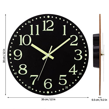 Wall Clock Glow in the Dark Clocks Battery Operated Silent 12 Inch | Black Wood Wall Clock Non-Ticking Analog Luminous Clock for Living Room Bedroom Office Kitchen Classroom Bathroom - color: Luminous -Black