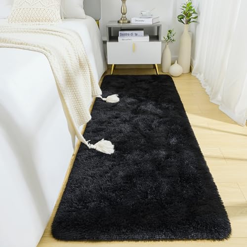BENRON Soft Runner Rug for Bedroom 2x6, Washable Fluffy Runners Black | Modern Plush long Rugs for Hallway Entryway Kitchen Dorm, Throw Area Rug for Kids Girls Room Decor, Non Slip Floor Carpets - color: Black, size: 2' x 6' (Runner)