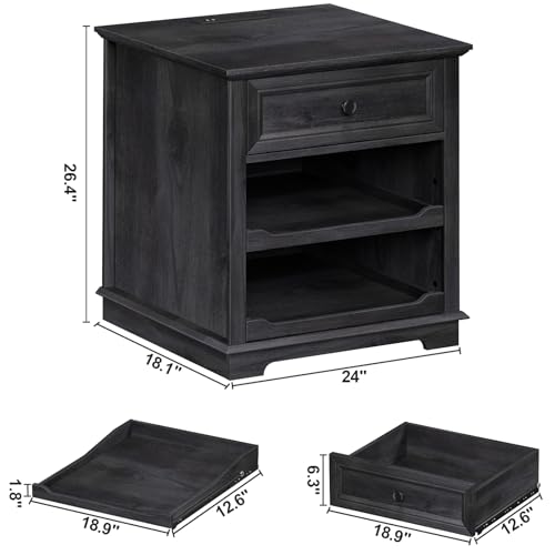 Lateral File Cabinet 3 Drawer File Cabinet with Charging Station, Printer Stand with Open Adjustable Storage Shelves, Lateral Filing Cabinet for Home Office, Black - color: Black