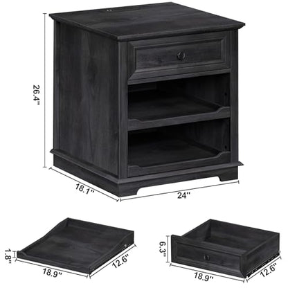 Lateral File Cabinet 3 Drawer File Cabinet with Charging Station, Printer Stand with Open Adjustable Storage Shelves, Lateral Filing Cabinet for Home Office, Black - color: Black