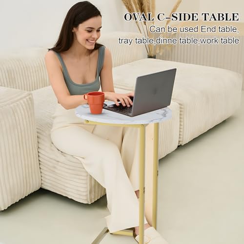 C Shaped End Table, Oval Couch Side Tables for Living Room, Sofa End Table with Metal Frame, Small Wooden Snack Table for Bedroom, Small Spaces, Easy Assembly, Gold - color: White Marble+gold