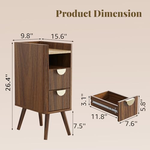 Narrow Nightstand with Drawers,Tall Skinny Bedside Table Dorm Walnut | Small Side Table Set of 2 for Bedroom, Slim End Table for Livingroom, Boho Style Marble Nightstand - color: Walnut, size: 2