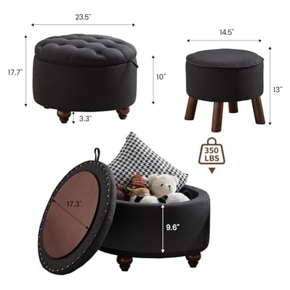 24Inch Round Storage Ottoman, Set of 2, Modern Button Tufted Coffee Table with Removable Top, Upholstered Ottoman with Storage Footrest Stool for Living Room, Bedroom (Dark Grey) - color: Dark Grey
