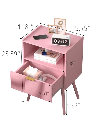Nightstand,Modern Bedside Table with Storage Drawer and Open Wood Shelf, for Living Room, Bedroom and Small Spaces, Accent Night Stand with Solid Wood Legs, Easy Assembly,Classic Pink - color: Pink