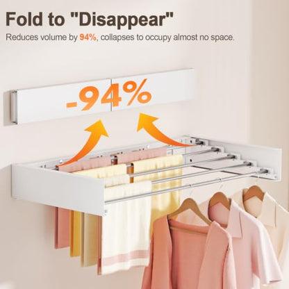 Wall Mounted Clothes Drying Rack Folding Indoor, Foldable Laundry Drying Rack Collapsible,Invisible, Space Saving, Retractable Towel Drying Rack, with Wall Template(5 Drying Rods, White 32") - color: White, size: White-32"