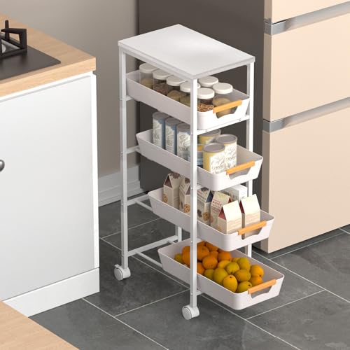5 Tier Slim Rolling Utility Cart with Drawers Pull-Out Design Slim Storage Cart with Metal Frame and Wooden Top for Narrow Space in Home Kitchen Bathroom White (Width 9.5 Inches) - color: White, size: Width 9.5 Inches
