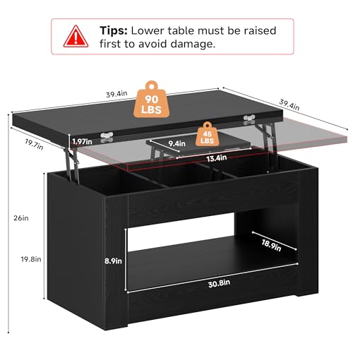 UNIQUITE 40" Lift Top Coffee Table, 4 in 1 Multi-Function Lift Coffee Tables with Storage and Hidden Compartment, Convertible Wood Coffee Tables to Dining Table for Living Room, Black - color: Black