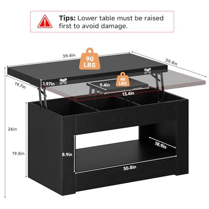 UNIQUITE 40" Lift Top Coffee Table, 4 in 1 Multi-Function Lift Coffee Tables with Storage and Hidden Compartment, Convertible Wood Coffee Tables to Dining Table for Living Room, Black - color: Black