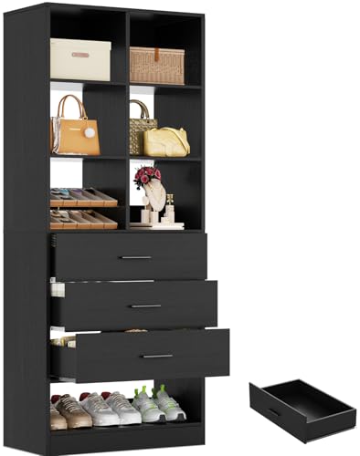 Closet System Organizer with 3 Drawers and Partition Storage, Freestanding Wardrobe Organizer Modular with Shoe Shelf, Expandable for Walk-in or Reach-in Closets, Black - color: Black