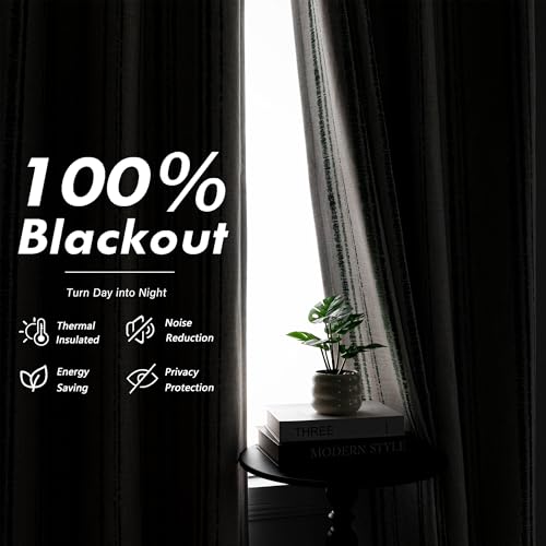 MYSKY HOME Green Striped 100% Blackout Curtains 84 Inches Long Linen Blended Double Layer Farmhouse Ticking Stripe Pinstripe Patterned Drapes for Bedroom Living Room, Grommet, 2 Panels, 52" Wide - color: Green/Blackout, size: 52"W x 84"L (Pack of 2)