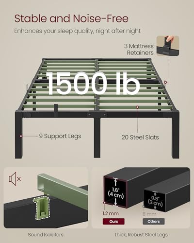 VASAGLE Superfast Assembly, Metal Full Bed Frame, Heavy-Duty Platform Bed Frame Full Size, 1500 lb Weight Capacity, Steel Slats, No Box Spring Needed, Ink Black and Forest Green URMB872B01 - size: Full Size, style: 16 Inch