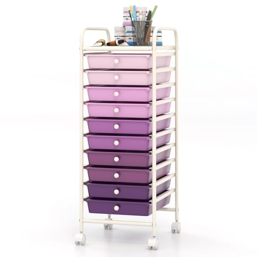 COSTWAY 10-Drawer Rolling Storage Cart, Utility Mobile Trolley | Removable Drawers & Universal Casters & 2 Brakes, Versatile Flexible Drawer Organizer Cart for Home, Office (Purple Gradient) - color: Purple Gradient, size: 13"L x 15"W x 34"H (10 Drawer)