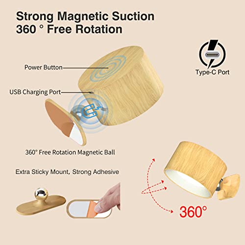 Deyagoo LED Wall Sconce, Rechargeable Wall Light with Remote-Wood | 3 Colors, Dimmable, Magnetic Rotating Head, 360 Degree Rotate - color: A-Wood