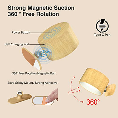 Deyagoo LED Wall Sconce, Rechargeable Wall Light with Remote-Wood | 3 Colors, Dimmable, Magnetic Rotating Head, 360 Degree Rotate - color: A-Wood