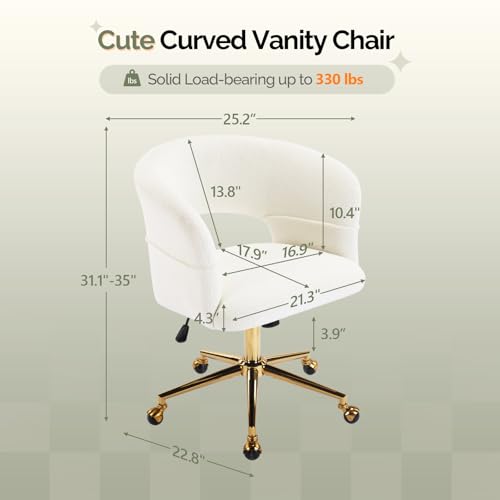 VINGLI Modern Curved Office & Vanity Desk Chair, Cute Upholstered Nail Chair with Wheels & 360° Swivel & Club & Tilting & Gold Base, for Bedroom, Living Room, Makeup, Velvet Chenille, White - color: White