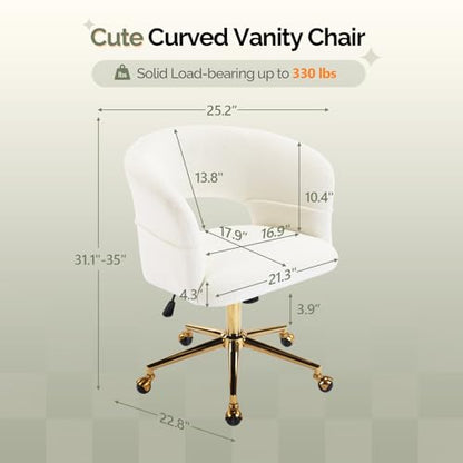 VINGLI Modern Curved Office & Vanity Desk Chair, Cute Upholstered Nail Chair with Wheels & 360° Swivel & Club & Tilting & Gold Base, for Bedroom, Living Room, Makeup, Velvet Chenille, White - color: White