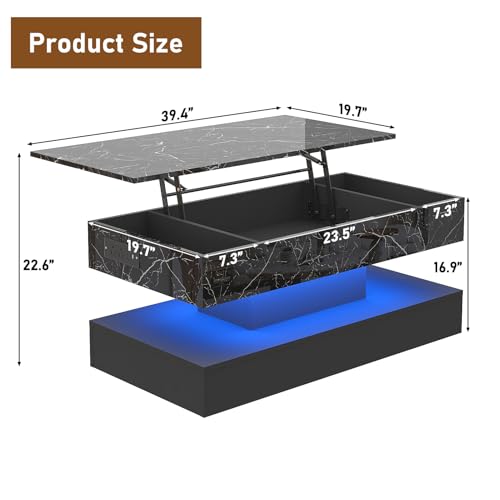 chartustriable 39.4" Large Lift Top Coffee Table, Modern LED High Glossy Coffee Table with Storage for Living Room, Lift Up Living Room Center Tables with Charging Station, LED Lights, Black - color: Black, size: 39.4"