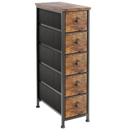 COTUBLR Narrow Dresser, 19" Wide Narrow Nightstand Dresser Storage Tower with 5 Drawers, Slim Fabric Dressers Chest of Drawers for Small Spaces, Wood Top & Fabric Bins for Bedroom Bathroom Closet - color: Rustic Brown
