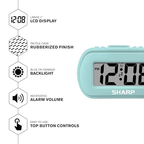 Sharp Battery Alarm Clock with Soft-Touch Case and Blue Backlight, Mint | Soft-touch rubberized case; Battery operated; Blue backlight on demand; Ascending alarm; Snooze; Easy to use - color: Mint