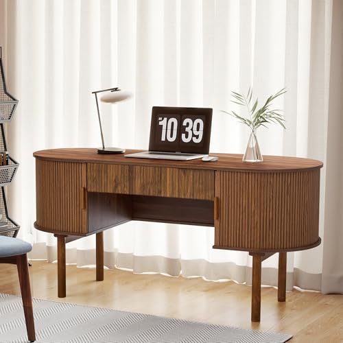 Executive Office Desk with Storage, 63 Inch Large Computer Workstation Desk with Drawer and File Cabinets, Mid Century Modern Fluted Wood Writing Desk for Home Office, Study Room, Living Room, Walnut - color: Walnut