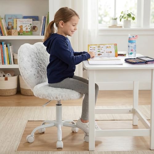 chairus Kids Desk Chair Faux Fur Study Chair for Teenage Girls, Adjustable Heart Shaped Kids Vanity Chair for Bedroom Reading Living Room, Small Cute Student Task Chair with White Foot, Snowflake - color: Snowflake