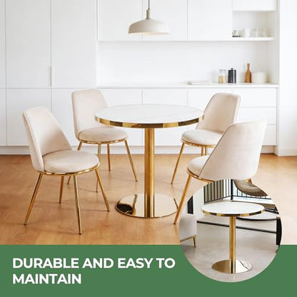 31.5" Round Dining Table, Glossy Sintered Stone Circle Tulip Table with Gold Pedestal, Modern Dining Room Table for Kitchen, Cafe, Living Room (White with Gold) - color: White With Gold