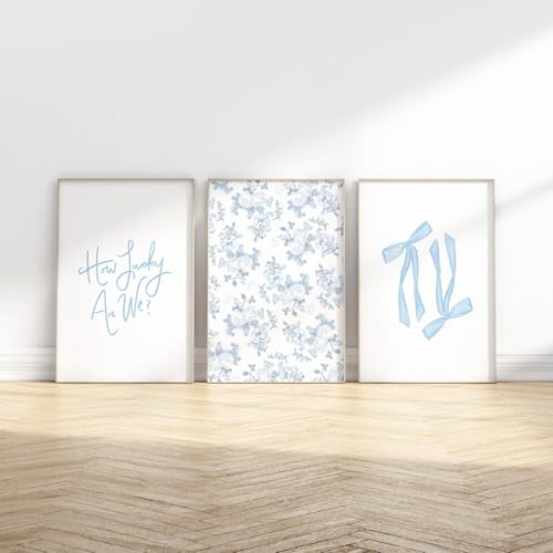 Baccone Blue Bow Wall Art Floral Canvas Wall Decor Coquette Flower Wall Art Trendy Aesthetic Poster Girly Preppy Pictures Blue Floral Prints for Living Room Bathroom 12x16 Inch Unframed Set of 3 - color: Blue Floral Prints, size: 12x16 Inch Unframed