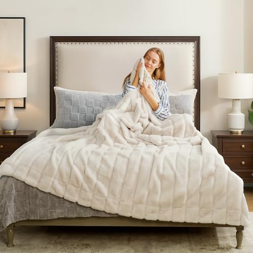 Cozy Bliss Deluxe Sheared Rabbit Faux Fur Throw Blanket, Soft Fuzzy High-Low Sculpted Plush Blanket for Couch, Cozy Home Accent, All Season Use, Beige 60"x80" - color: Stripe - Beige, size: Twin(60" x 80")