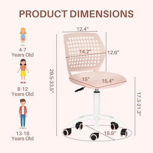 FurnitureR Armless Rolling Kids Desk Chair with Breathable Back and Padded Seat, Ergonomic Adjustable Height Swivel Compact Study Computer Task Chair for Teens Adults, Blush Pink - color: Blush Pink