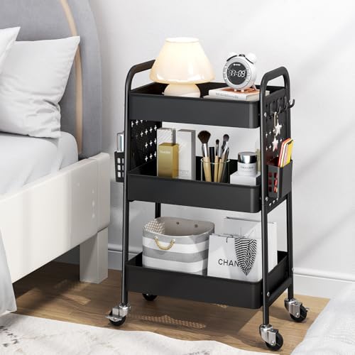TOOLF Metal Rolling Storage Cart, 3-Tier Utility Mobile Cart with DIY Pegboards, Serving Trolley Cart with Baskets Hooks, for Kitchen, Bathroom, Office, Home, Classroom (Black) - color: Black