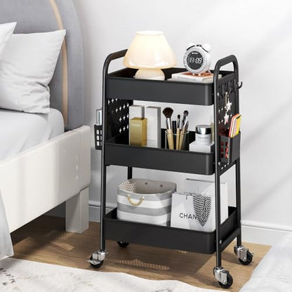 TOOLF Metal Rolling Storage Cart, 3-Tier Utility Mobile Cart with DIY Pegboards, Serving Trolley Cart with Baskets Hooks, for Kitchen, Bathroom, Office, Home, Classroom (Black) - color: Black