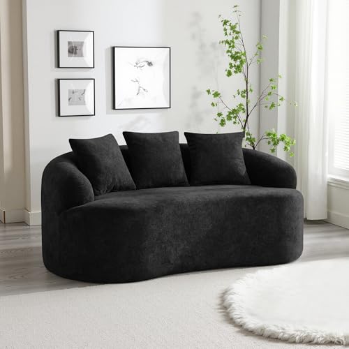 65" Boneless Loveseat Sofa, Curved Chenille Couches for Living Room, Black | Love Seat Cloud Couch, 16.5" Thickened Cushion, 25.2" Deep Seat, Comfy Back Pillow, No Assembly - color: Black, size: Loveseat Sofa