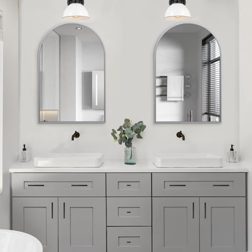 Silver Arched Mirror 20x30in, Metal Framed Bathroom Vanity Wall | Tempered Glass, Shatter Proof, Living Room Bedroom Entryway, Modern Elegant Design - color: Silver, size: 30"L x 20"W, style: Arched